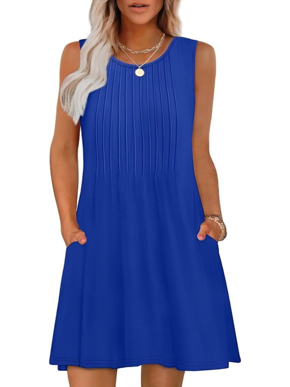 Women's Royal Blue Beach Vacation Casual Crew Neck Sleeveless Sun Mini Dress
